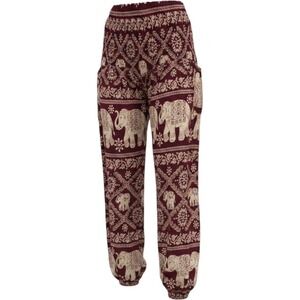 Burgundy‎ Cotton Elephant Print Harem Boho Smocked Waist Pants Joggers